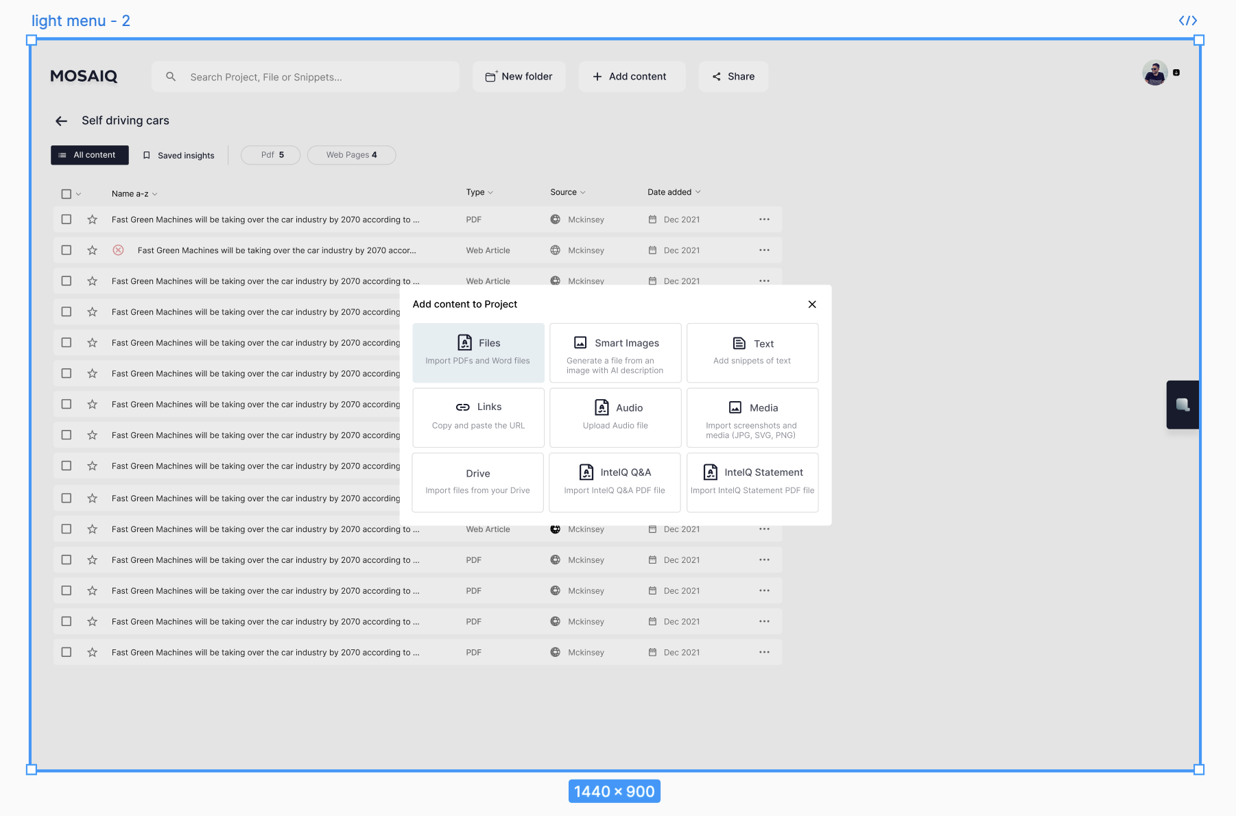 Mosaiq project page with add content menu open