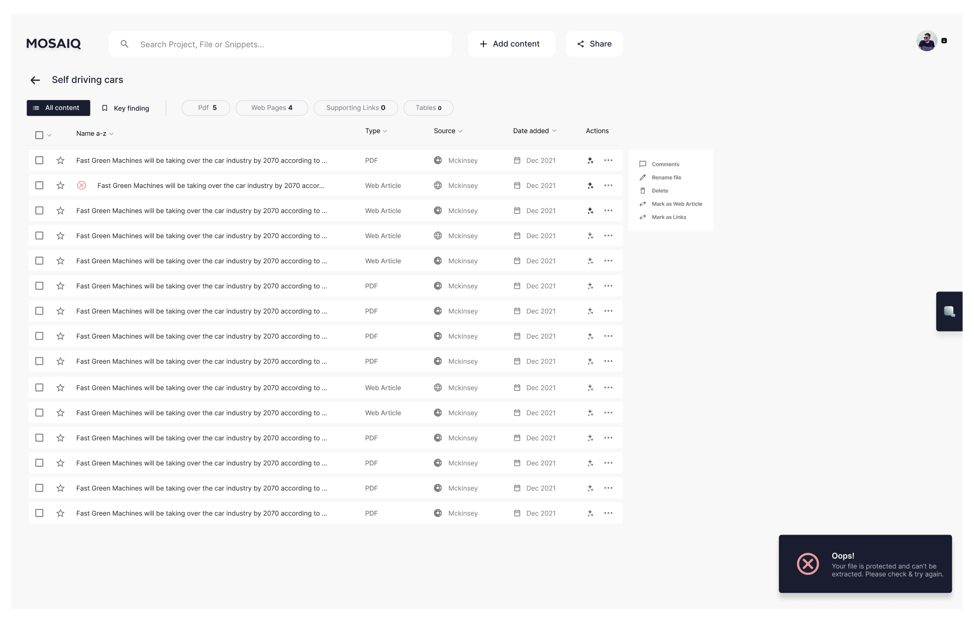 Mosaiq UI showing the project page with a list of files